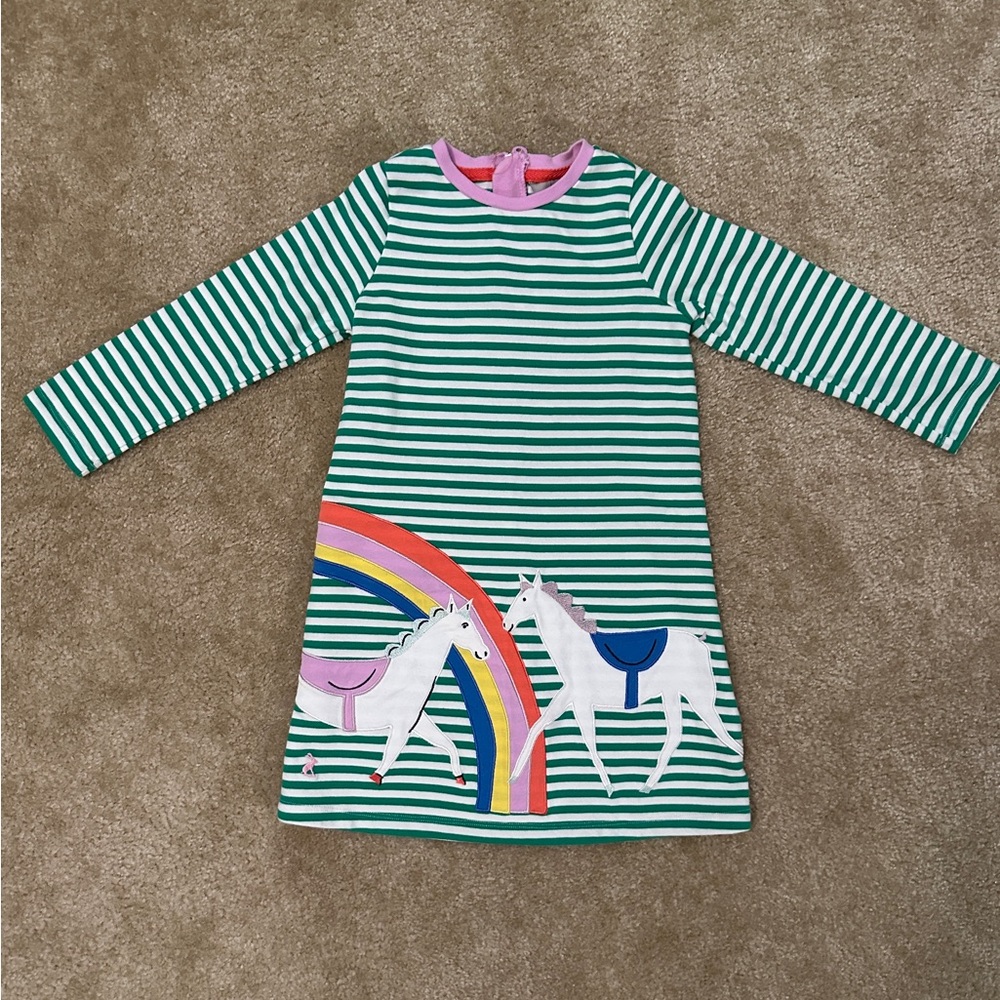 Joules Green and White Striped Dress with Pink Accents